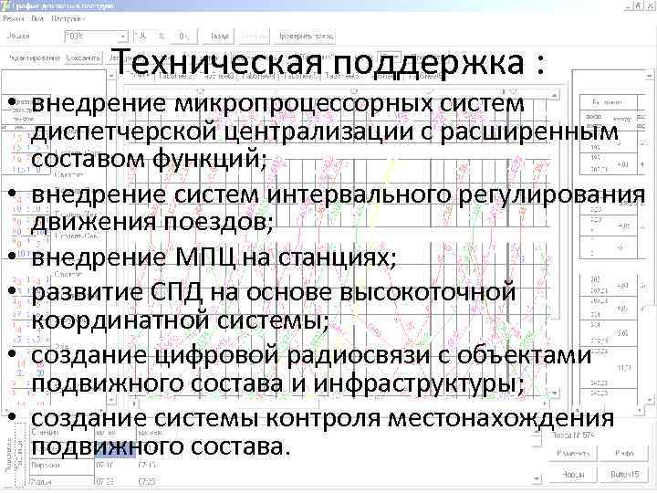 Техническая поддержка : • внедрение микропроцессорных систем диспетчерской централизации с расширенным составом функций; •