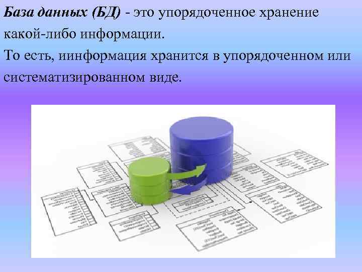 База данных (БД) - это упорядоченное хранение какой-либо информации. То есть, иинформация хранится в