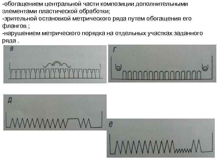 -обогащением центральной части композиции дополнительными элементами пластической обработки; -зрительной остановкой метрического ряда путем обогащения