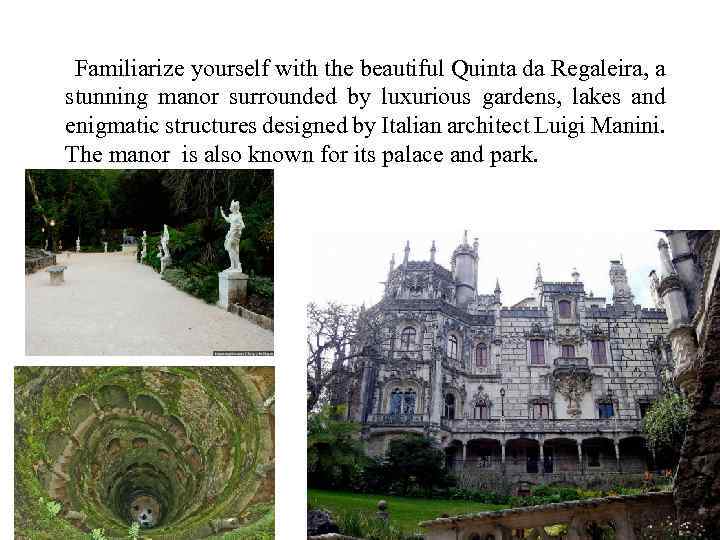 Familiarize yourself with the beautiful Quinta da Regaleira, a stunning manor surrounded by luxurious