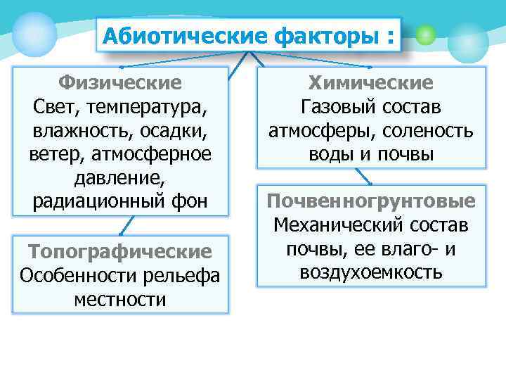Абиотические факторы : Физические Свет, температура, влажность, осадки, ветер, атмосферное давление, радиационный фон Топографические