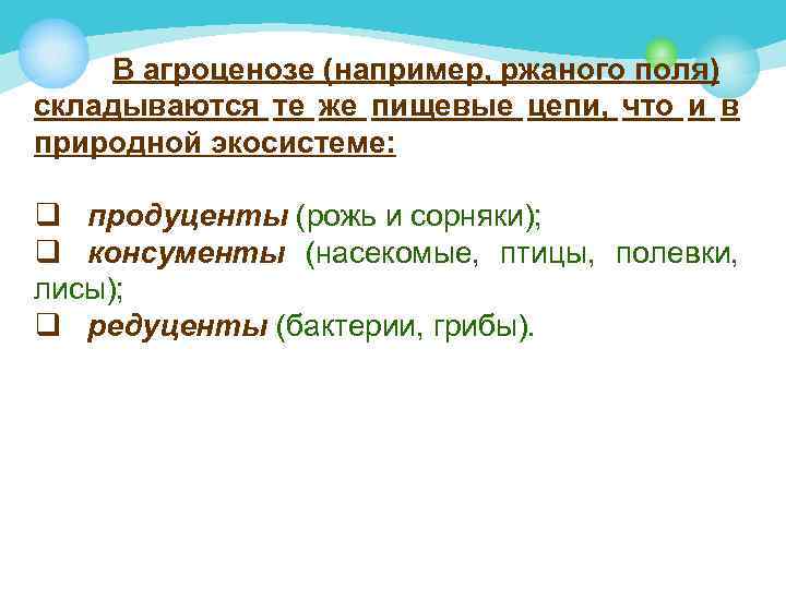 В агроценозе (например, ржаного поля) складываются те же пищевые цепи, что и в природной