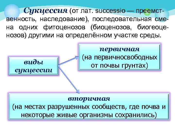 Сукцессия (от лат. successio — преемственность, наследование), последовательная смена одних фитоценозов (биоценозов, биогеоценозов) другими