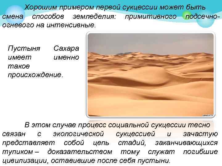 Хорошим примером первой сукцессии может быть смена способов земледелия: примитивного подсечноогневого на интенсивные. Пустыня