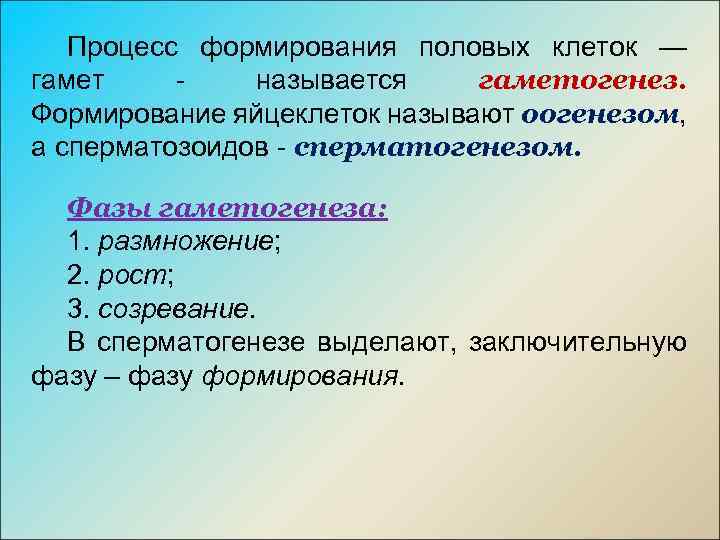 Процесс формирования половых клеток — гамет - называется гаметогенез. Формирование яйцеклеток называют оогенезом, а