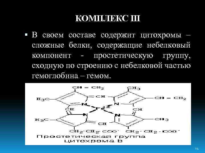 КОМПЛЕКС III В своем составе содержит цитохромы – сложные белки, содержащие небелковый компонент -
