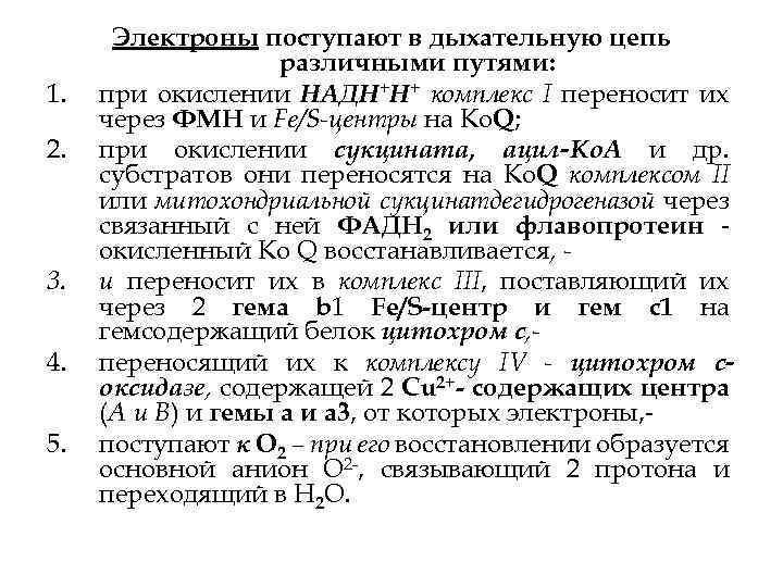 1. 2. 3. 4. 5. Электроны поступают в дыхательную цепь различными путями: при окислении
