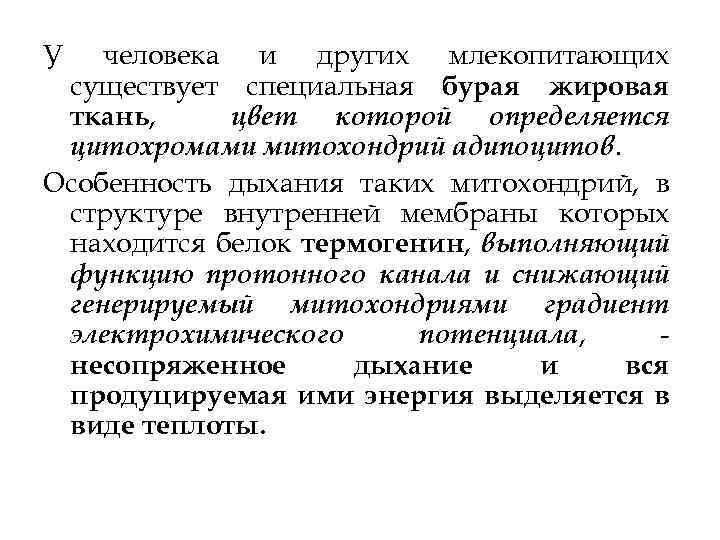 У человека и других млекопитающих существует специальная бурая жировая ткань, цвет которой определяется цитохромами