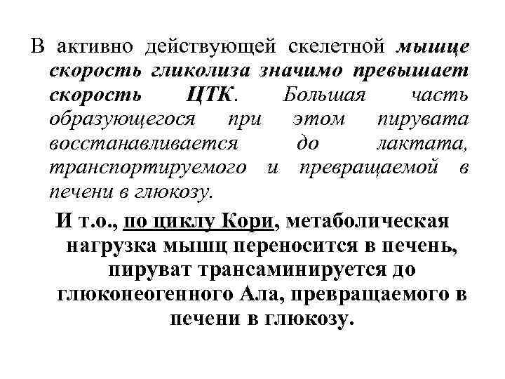 В активно действующей скелетной мышце скорость гликолиза значимо превышает скорость ЦТК. Большая часть образующегося