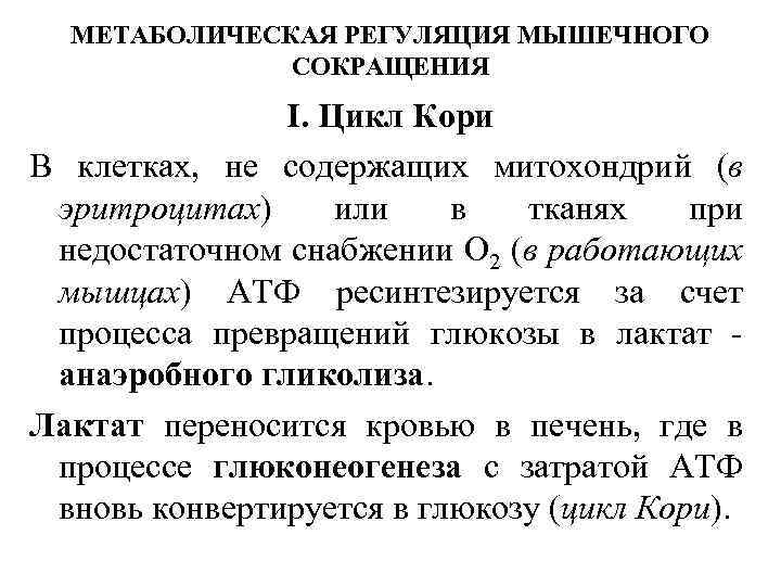 МЕТАБОЛИЧЕСКАЯ РЕГУЛЯЦИЯ МЫШЕЧНОГО СОКРАЩЕНИЯ I. Цикл Кори В клетках, не содержащих митохондрий (в эритроцитах)