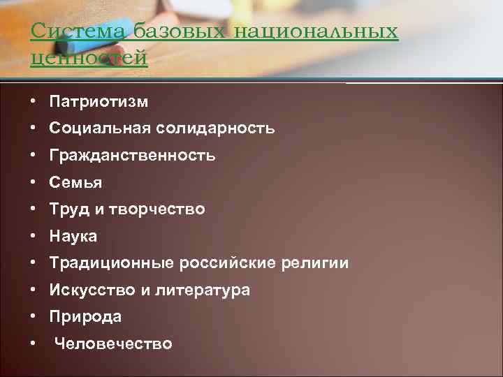 Система базовых национальных ценностей • Патриотизм • Социальная солидарность • Гражданственность • Семья •