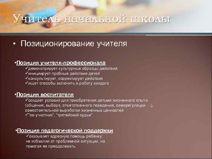 Учитель начальной школы • Позиционирование учителя • Позиция учителя-профессионала üдемонстрирует культурные образцы действий üинициирует