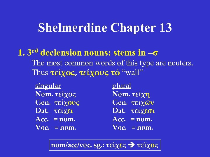 Shelmerdine Chapter 13 1. 3 rd declension nouns: stems in –σ The most common