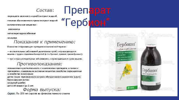 Состав: первоцвета весеннего корней экстракт жидкий тимьяна обыкновенного травы экстракт жидкий вспомогательные вещества: левоментол