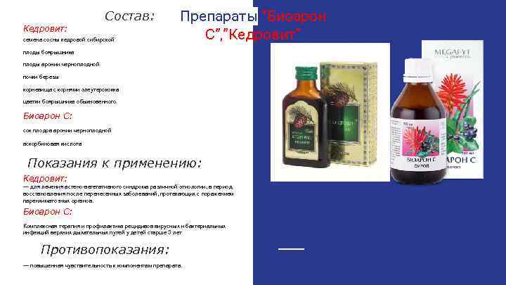 Кедровит: Состав: семена сосны кедровой сибирской Препараты “Биоарон С”, ”Кедровит” плоды боярышника плоды аронии
