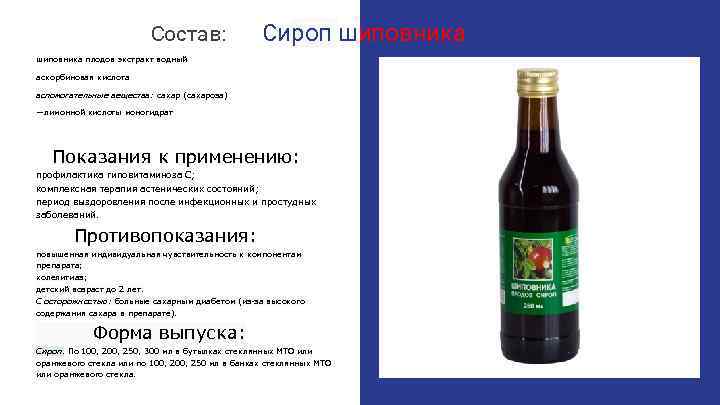 Состав: Сироп шиповника плодов экстракт водный аскорбиновая кислота вспомогательные вещества: сахар (сахароза) —лимонной кислоты
