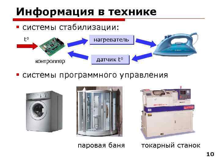 Информация в технике § системы стабилизации: t° нагреватель контроллер датчик t° § системы программного