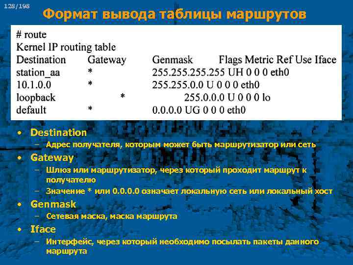 128/198 Формат вывода таблицы маршрутов • Destination – Адрес получателя, которым может быть маршрутизатор