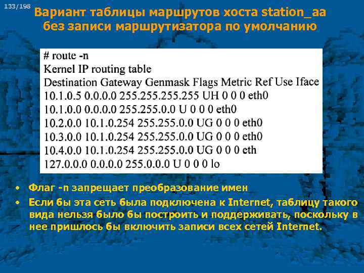 133/198 Вариант таблицы маршрутов хоста station_aa без записи маршрутизатора по умолчанию • Флаг -n
