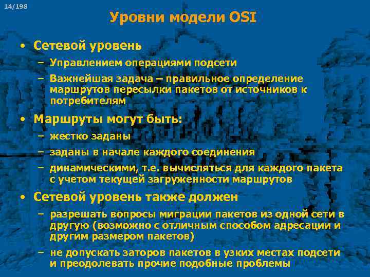 14/198 Уровни модели OSI • Сетевой уровень – Управлением операциями подсети – Важнейшая задача