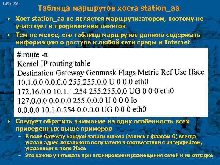 149/198 Таблица маршрутов хоста station_aa • Хост station_aa не является маршрутизатором, поэтому не участвует