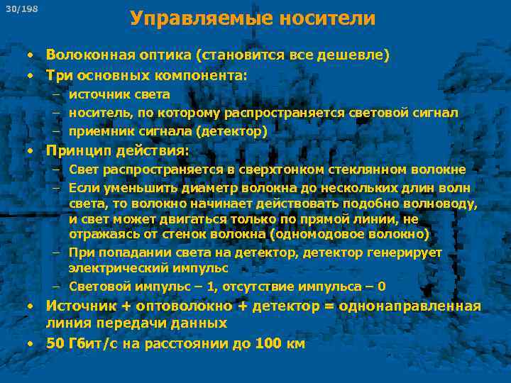 30/198 Управляемые носители • Волоконная оптика (становится все дешевле) • Три основных компонента: –