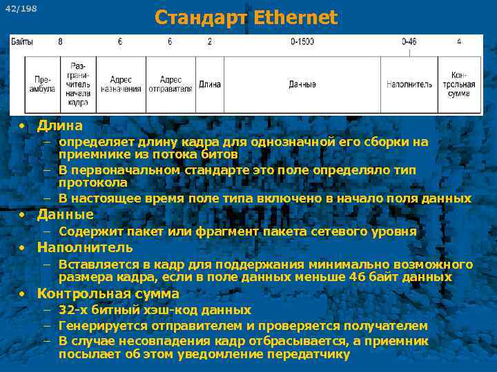 42/198 Стандарт Ethernet • Длина – определяет длину кадра для однозначной его сборки на