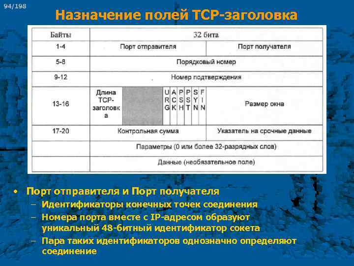 94/198 Назначение полей TCP-заголовка • Порт отправителя и Порт получателя – Идентификаторы конечных точек