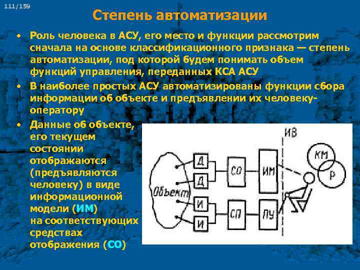 111/159 Степень автоматизации • Роль человека в АСУ, его место и функции рассмотрим сначала