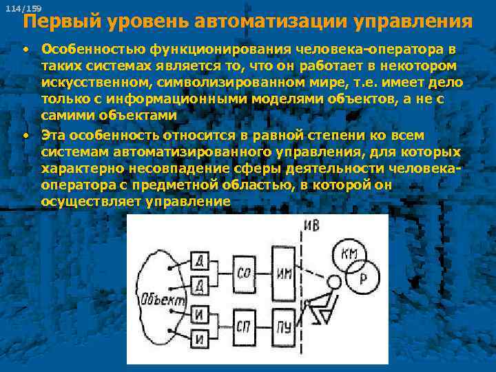 114/159 Первый уровень автоматизации управления • Особенностью функционирования человека оператора в таких системах является