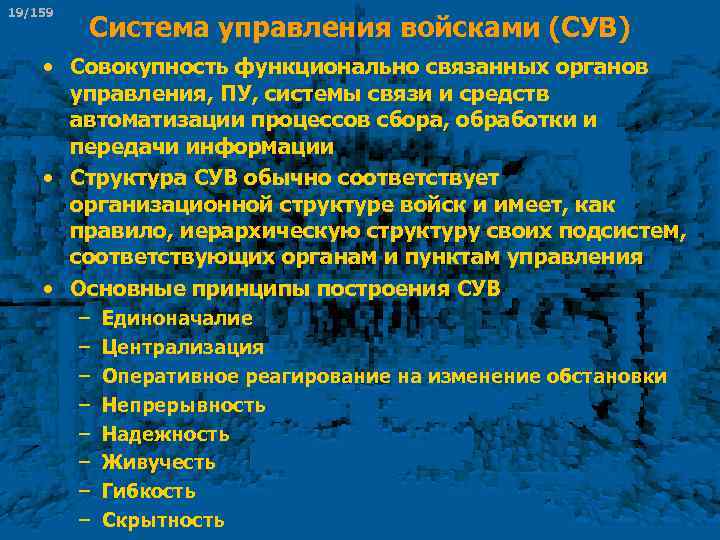 19/159 Система управления войсками (СУВ) • Совокупность функционально связанных органов управления, ПУ, системы связи