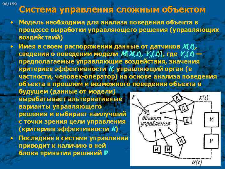 96/159 Система управления сложным объектом • Модель необходима для анализа поведения объекта в процессе