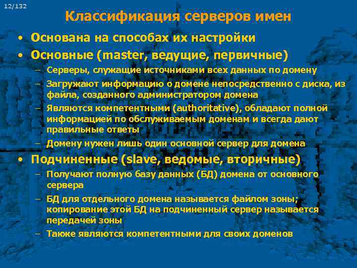 12/132 Классификация серверов имен • Основана на способах их настройки • Основные (master, ведущие,