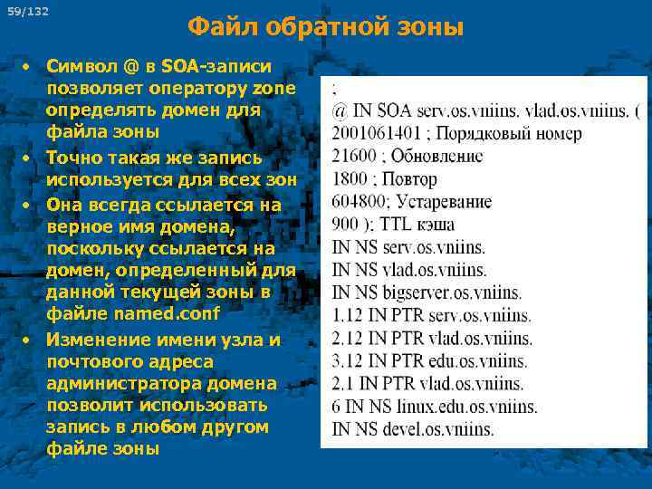 59/132 Файл обратной зоны • Символ @ в SOA-записи позволяет оператору zone определять домен