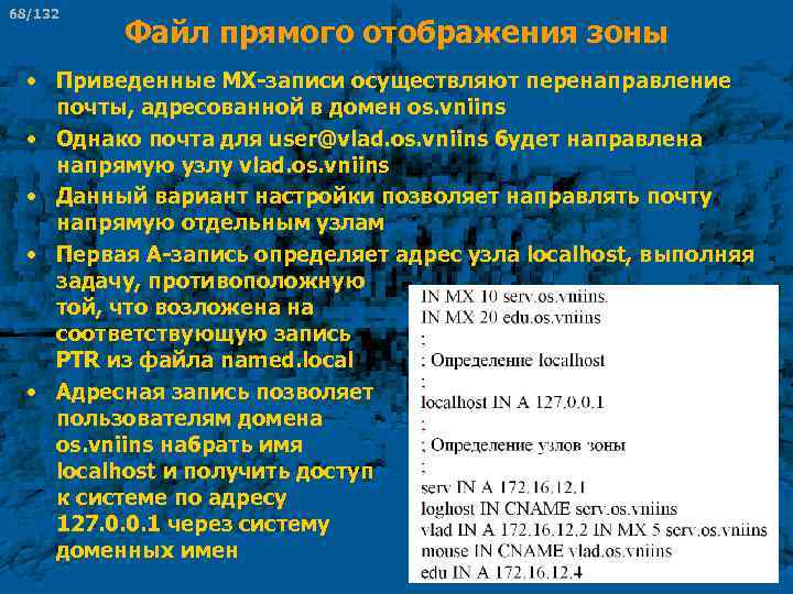 68/132 Файл прямого отображения зоны • Приведенные МХ-записи осуществляют перенаправление почты, адресованной в домен