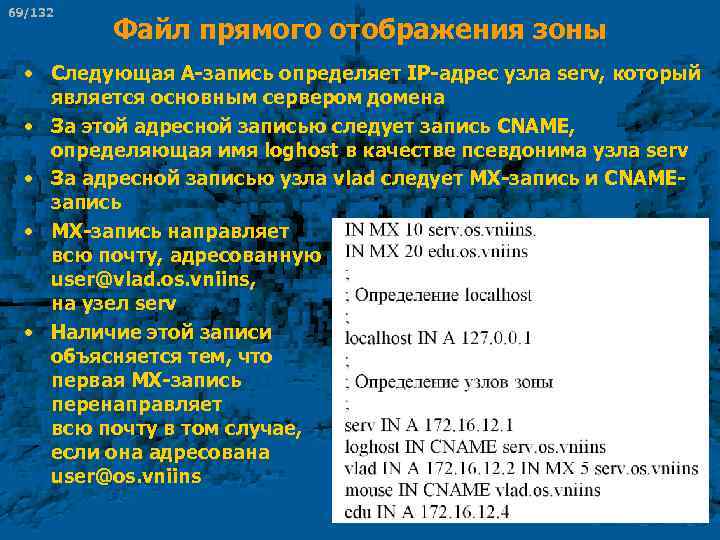 69/132 Файл прямого отображения зоны • Следующая А-запись определяет IP-адрес узла serv, который является