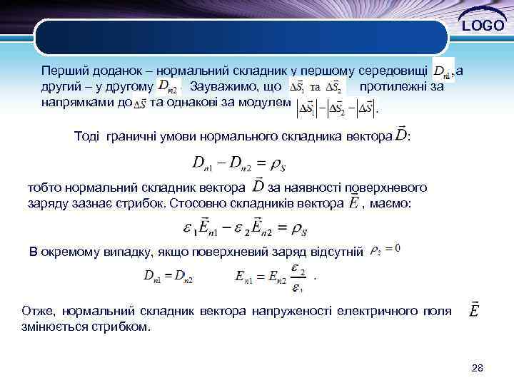 LOGO Перший доданок – нормальний складник у першому середовищі а другий – у другому.