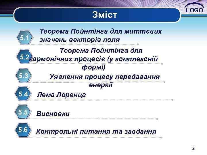Зміст 5. 1 LOGO Теорема Пойнтінга для миттєвих значень векторів поля Теорема Пойнтінга для