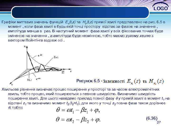 LOGO Графіки миттєвих значень функцій Ex(t, z) та Hy(t, z) прямої хвилі представлено на