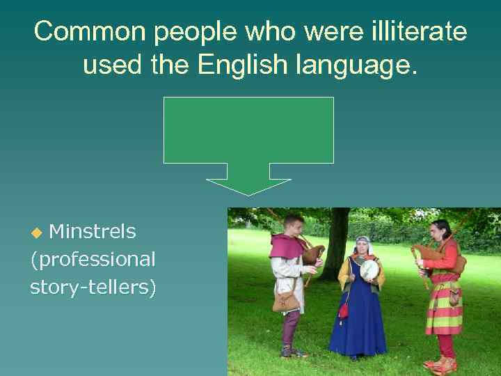 Common people who were illiterate used the English language. Minstrels (professional story-tellers) u 
