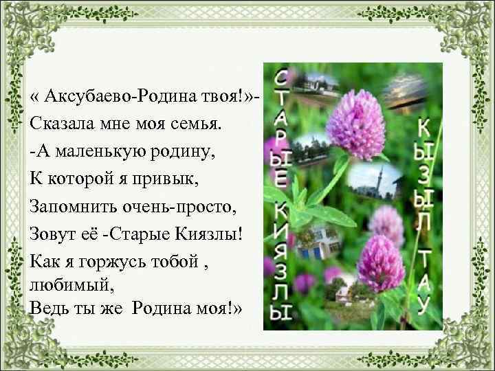  « Аксубаево-Родина твоя!» Сказала мне моя семья. -А маленькую родину, К которой я