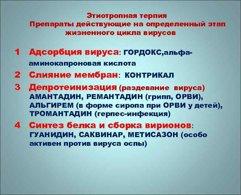 Этиотропная терпия Препараты действующие на определенный этап жизненного цикла вирусов 1 Адсорбция вируса: ГОРДОКС,
