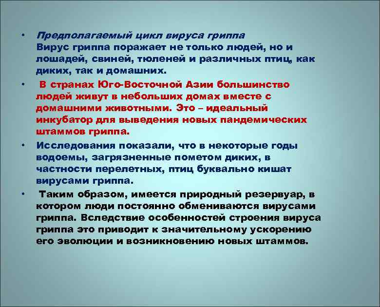  • • Предполагаемый цикл вируса гриппа Вирус гриппа поражает не только людей, но