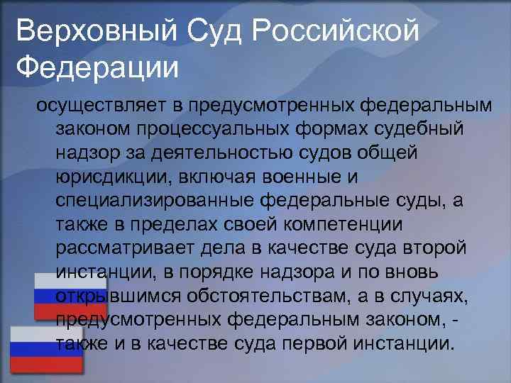 Верховный Суд Российской Федерации осуществляет в предусмотренных федеральным законом процессуальных формах судебный надзор за