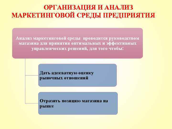 ОРГАНИЗАЦИЯ И АНАЛИЗ МАРКЕТИНГОВОЙ СРЕДЫ ПРЕДПРИЯТИЯ Анализ маркетинговой среды проводится руководством магазина для принятия