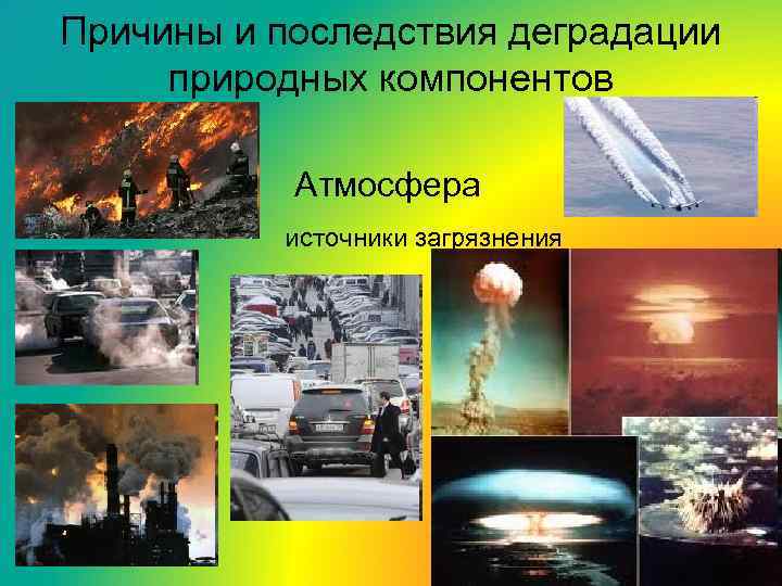 Причины и последствия деградации природных компонентов Атмосфера источники загрязнения 