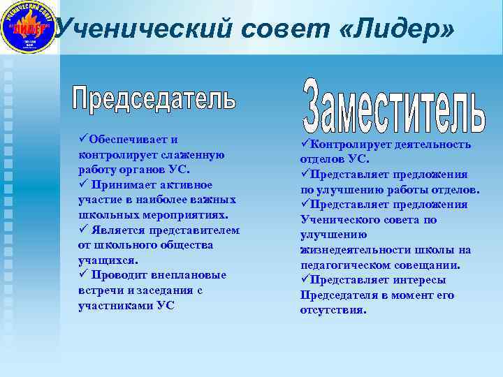 Ученический совет «Лидер» Обеспечивает и контролирует слаженную работу органов УС. Принимает активное участие в