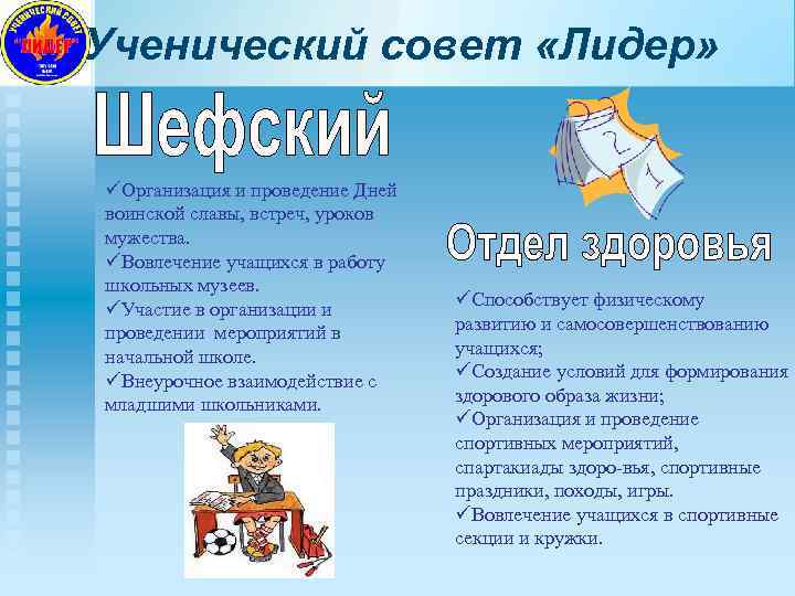 Ученический совет «Лидер» Организация и проведение Дней воинской славы, встреч, уроков мужества. Вовлечение учащихся