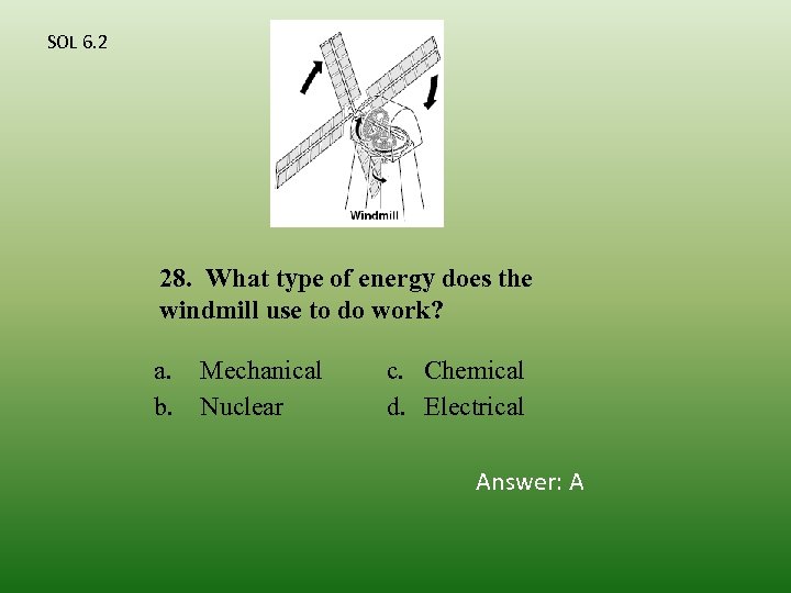 SOL 6. 2 28. What type of energy does the windmill use to do