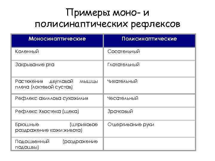 Примеры моно- и полисинаптических рефлексов Моносинаптические Полисинаптические Коленный Сосательный Закрывание рта Глотательный Растяжения двуглавой